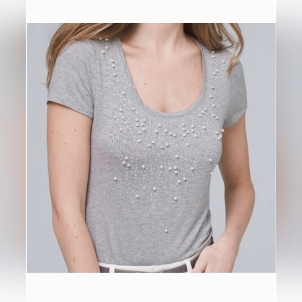 White House Black Market Pearl and Crystal embellished t-shirt Gray